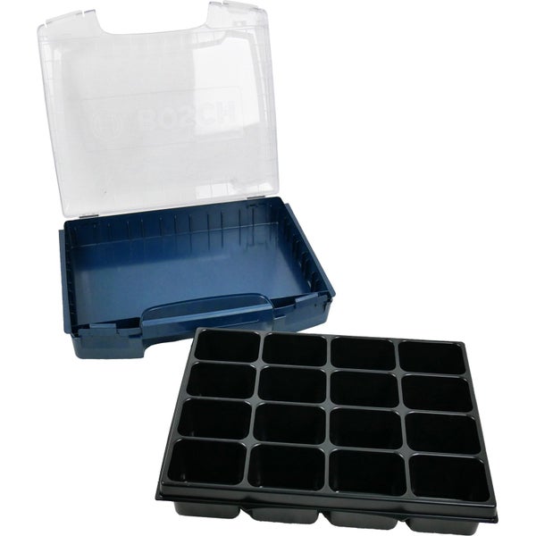 Blaue Bosch Professional Sortierbox mit Bosch Logo, transparentem Deckel und schwarzem Einsatz mit 16 Fächern.