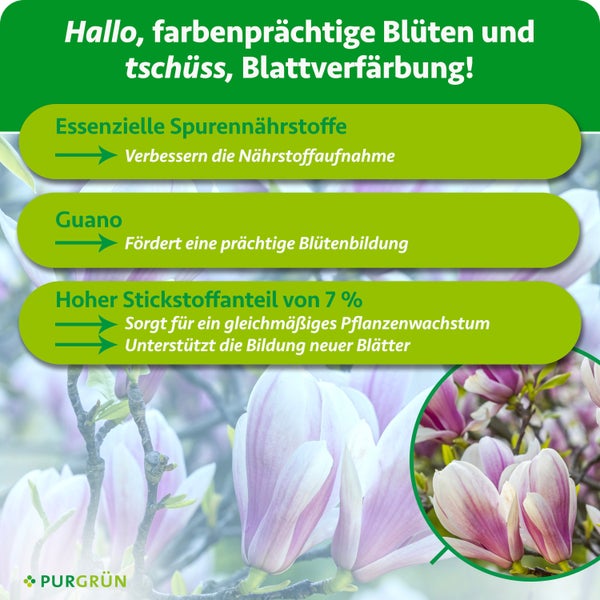 Infografik zu Pflanzendünger: Spurennährstoffe zur Nährstoffaufnahme, Guano für Blütenbildung, sieben Prozent Stickstoff für Wachstum. Purgrün Logo.