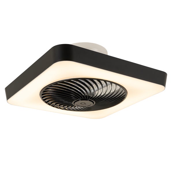 Quadratischer Deckenventilator mit integrierter LED-Beleuchtung und schwarzem Gehäuse.