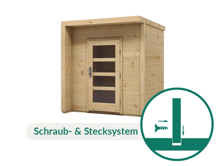 Gartenhaus aus Holz mit Flachdach und Einzeltür mit Lichtausschnitten, Montage mittels Schraub- und Stecksystem.