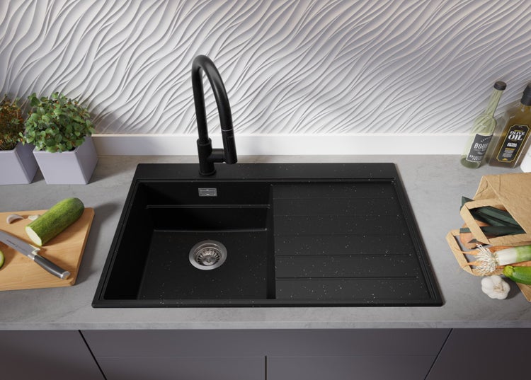 PRIMAGRAN Spülbecken Schwarz Metallic 78x50cm, Granitspüle 1 Becken + Ablauf-Set + Küchenzubehörset, Küchenspüle ab 45er Unterschrank - Sydney
