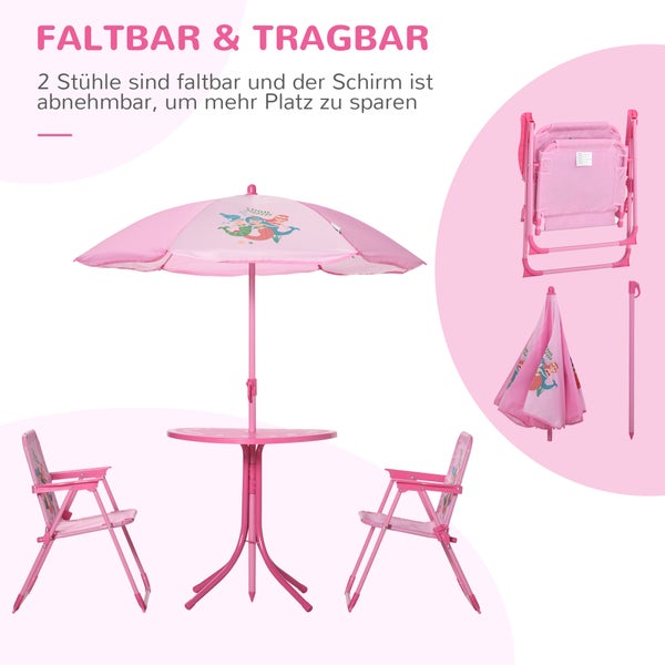 Outsunny 4tlg. Kindersitzgruppe, Gartentisch mit 2 Klappstühle, für 3-6 Jahre, Ø49,5 x 50H cm, Metall, Polyester, Rosa