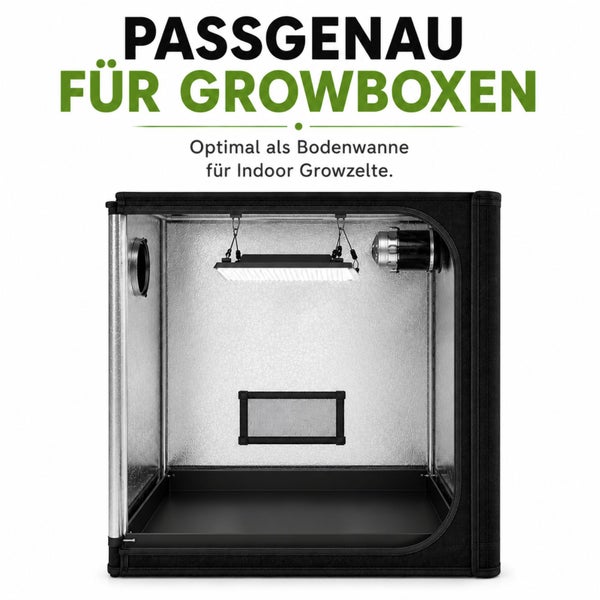 Schwarze Bodenwanne passgenau platziert am Boden einer Indoor Growbox mit Beleuchtung und Belüftung.