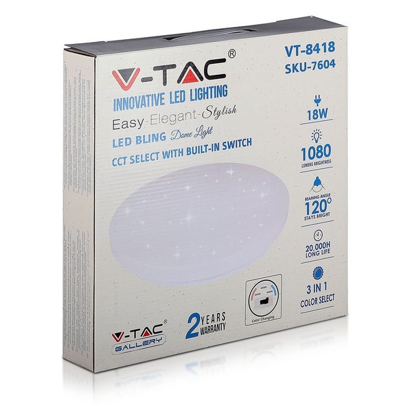 Verpackung einer V-Tac LED Deckenleuchte mit Farbwählfunktion und zwei Jahren Garantie