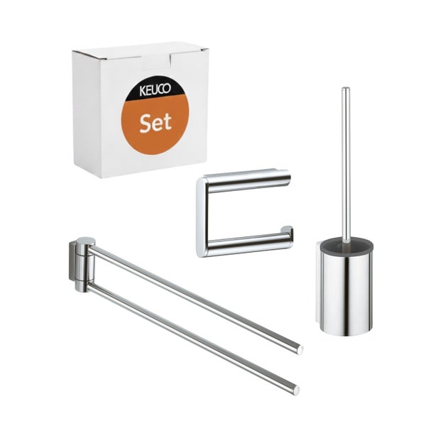 Keuco Badzubehör Set mit Handtuchhalter, Toilettenpapierhalter und WC-Bürstengarnitur aus Metall.