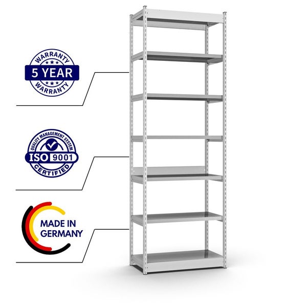 PROREGAL Fachbodenregal Stecksystem Vierkant-Profil Grundregal HxBxT 300 x 102,5 x 40 cm 7 Ebenen Einseitige Bauart Fachlast 200 kg Lichtgrau