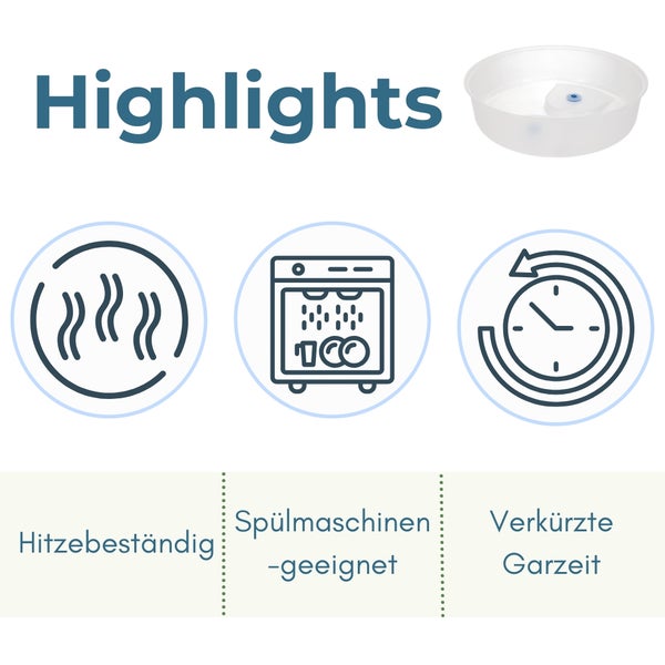 Kunststoffbehälter mit Highlights: hitzebeständig, spülmaschinengeeignet und verkürzte Garzeit.