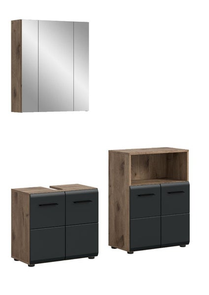 Badezimmermöbel-Set bestehend aus Spiegelschrank, Waschbeckenunterschrank und Beistellschrank in Holzoptik mit schwarzen Fronten.