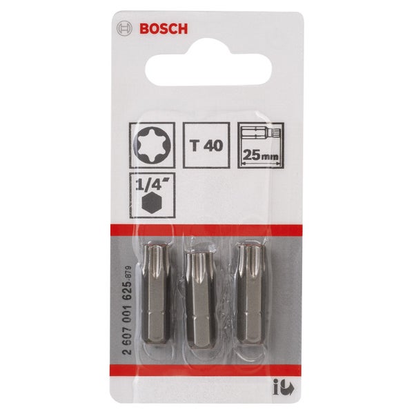 Bosch Logo. Packung mit drei T40 Torx Bits, 25 mm Länge.