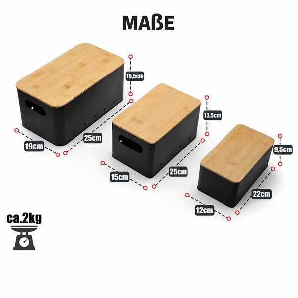 Set aus drei Aufbewahrungsboxen mit Bambusdeckel und Maßangaben für die Organisation im Haushalt