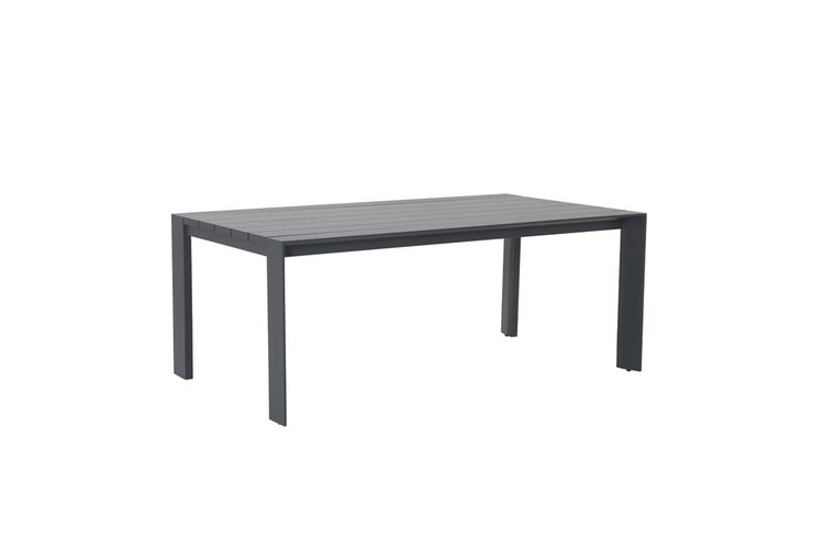 Rechteckiger Gartentisch aus Aluminium in Anthrazit mit einer Tischplatte aus Lamellen.