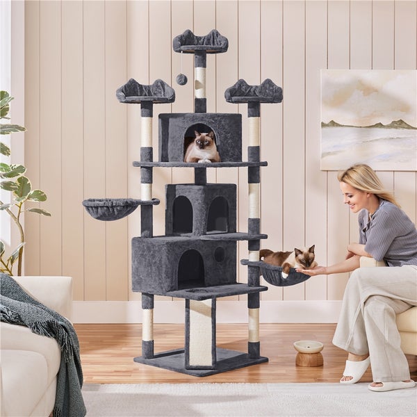 Katzenkratzbaum mit mehreren Ebenen, Höhlen, Liegeflächen und Sisalstämmen in einem Wohnzimmer mit zwei Siamkatzen und einer Frau