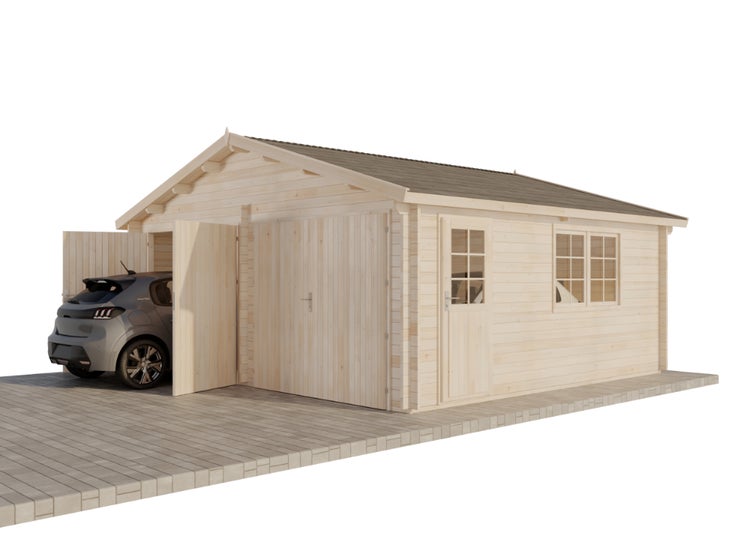 Holzgarage mit Autoeinfahrt, Tür und Fenstern