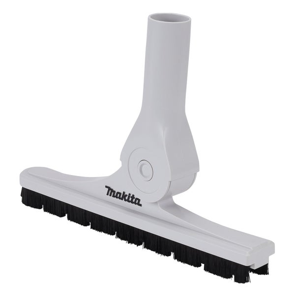 Makita Bodendüse aus weißem Kunststoff mit schwarzen Bürsten und Drehgelenk für Staubsauger.