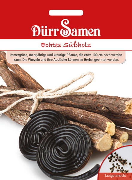 Samenpackung Echtes Süßholz mit Dürr Samen Logo, Abbildung von Süßholzwurzeln, Lakritzschnecken und Saatgutansicht.
