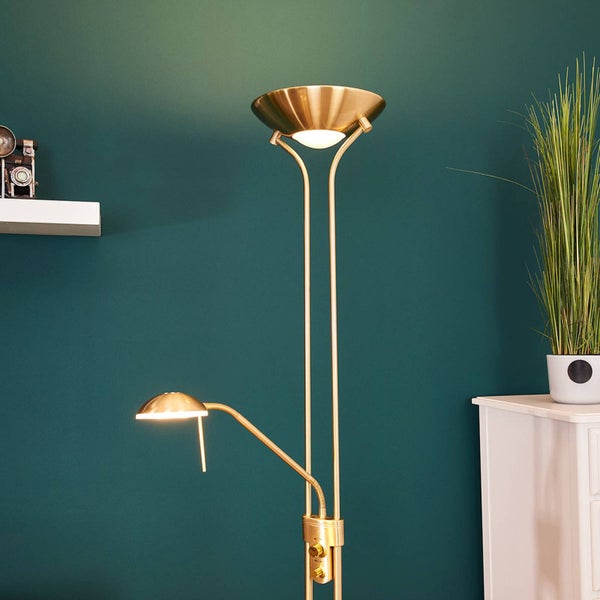 Lindby LED Stehlampe / Deckenfluter dimmbar, Standleuchte Glas Messing matt 1 x 20 W + 5 warmweiß (3.000K)