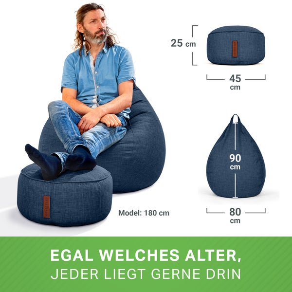 Green Bean 2er Set Indoor Sitzsack + Hocker mit EPS-Perlen Füllung - Fußhocker Fußkissen Sitz-Pouf Bodenkissen Liegekissen Sitzkissen Lounge Chair Sitzhocker Relax-Sessel Bean Bag Dunkelblau Navy
