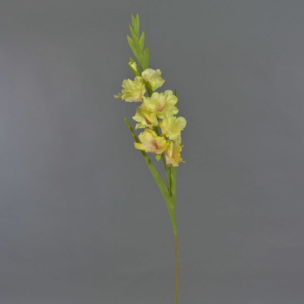 Künstliche Gladiole mit gelben Textilblüten und grünem Stängel.