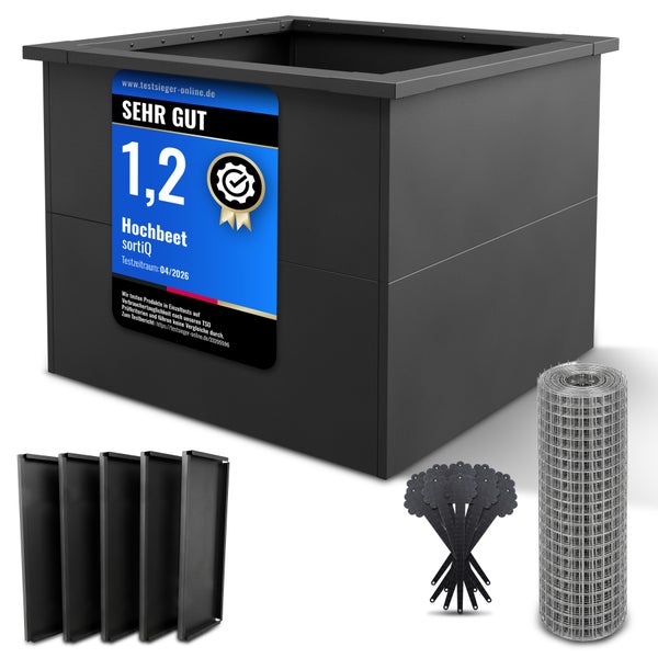 Quadratisches Hochbeet sortiQ aus Metall mit Wühlmausgitter, Pflanzensteckern und Erweiterungsmodulen. Bewertung Sehr Gut 1,2.