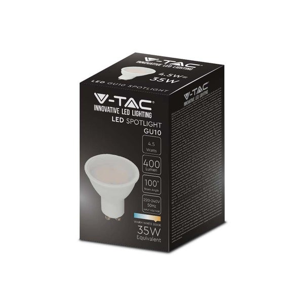 V-TAC LED Reflektorlampe GU10, 4,5 Watt entspricht 35 Watt, 400 Lumen, 100 Grad Abstrahlwinkel, Warmweiß 3000 Kelvin.