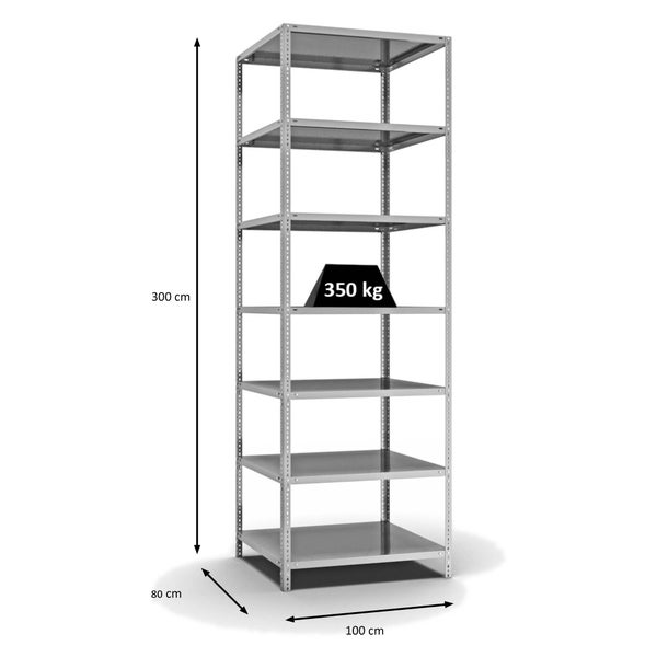 PROREGAL Fachbodenregal Schraubsystem Heavy-Duty Grundregal HxBxT 300 x 100 x 80 cm 7 Ebenen Fachlast 350 kg Beidseitig Nutzbar Verzinkt