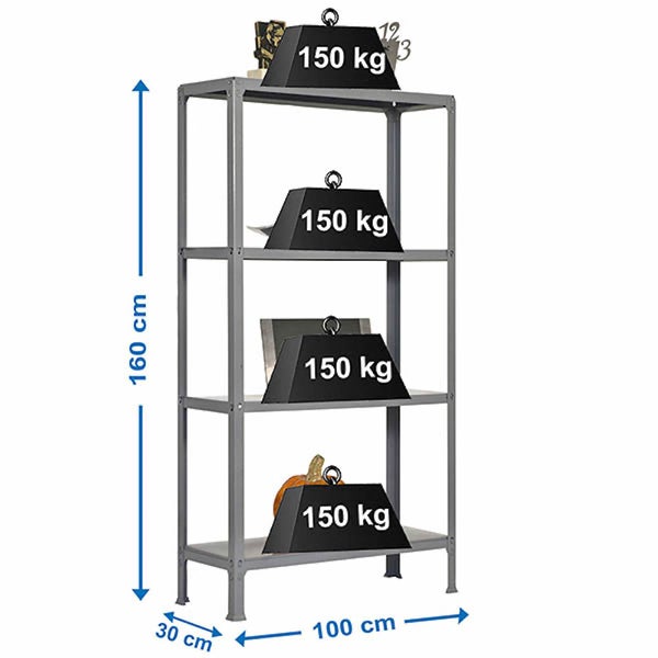PROREGAL Wohnregal Living Koala Metal mit 4 Fachböden HxBxT 160 x 100 x 30 cm Fachlast 150 kg Grau/Grau
