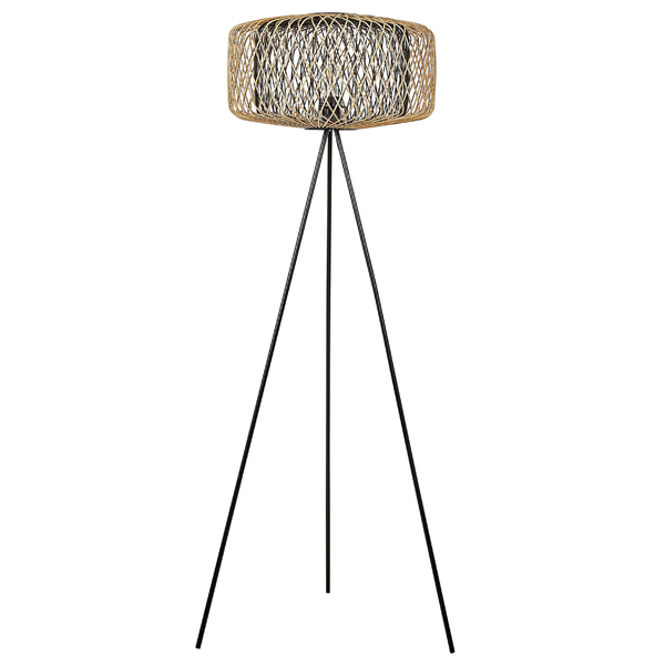 Stehleuchte mit Lampenschirm aus Rattan und Stativ