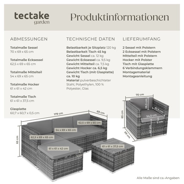 Rattan Lounge tectake Lignano variabel aufstellbar für 5 bis 6 Personen grau