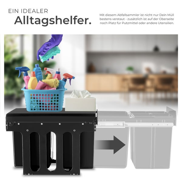 Abfallsammler tectake Ashlyn 35 x 48 x 35 cm 3-fach Mülltrennung, 2x8L und 1x15L schwarz