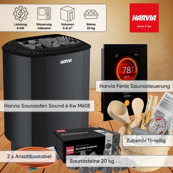 Harvia Saunaofen Set Sound 6 kW mit Fenix Steuerung, 20 Kilogramm Saunasteinen, 11-teiligem Zubehör und Anschlusskabeln.