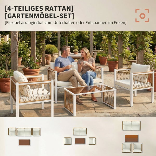 Vierteiliges Gartenmöbel-Set aus Rattan mit Sofa, zwei Sesseln und Tisch, weißem Gestell und hellen Polstern in einem sonnigen Garten.