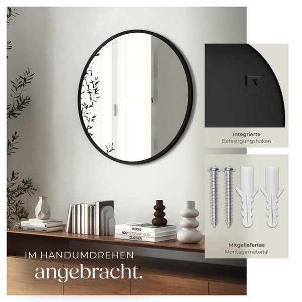 Runder Wandspiegel tectake Fiona integrierte Befestigungshaken Ø 60 cm schwarz