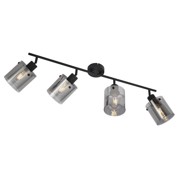 Deckenleuchte mit vier Strahlern und Glasschirmen