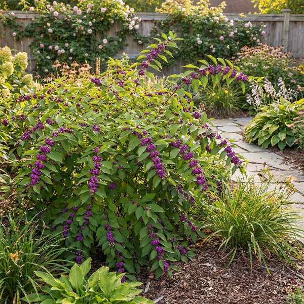 Liebesperlenstrauch mit violetten Beeren im Gartenbeet neben einem Steinweg