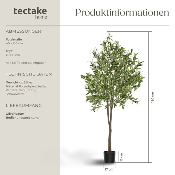 Kunstolivenbaum von Tectake inklusive Topf mit Maßen von 40 mal 210 Zentimeter und Produktdatenblatt