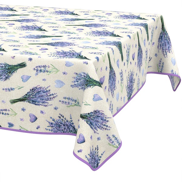 Tischdecke mit Lavendel-Motiv und Herzen, Stoff mit Leinenstruktur und violettem Saum.