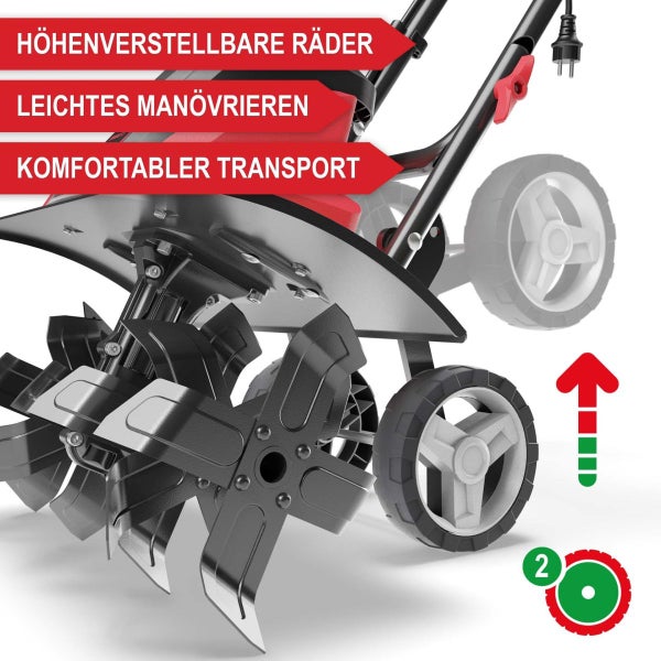 Elektro-Bodenhacke mit höhenverstellbaren Rädern für einfachen Transport und Manövrieren sowie robusten Hackmessern.
