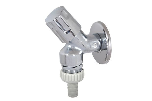 Verchromtes Geräteventil für die Wandmontage mit praktischem Schlauchanschluss.