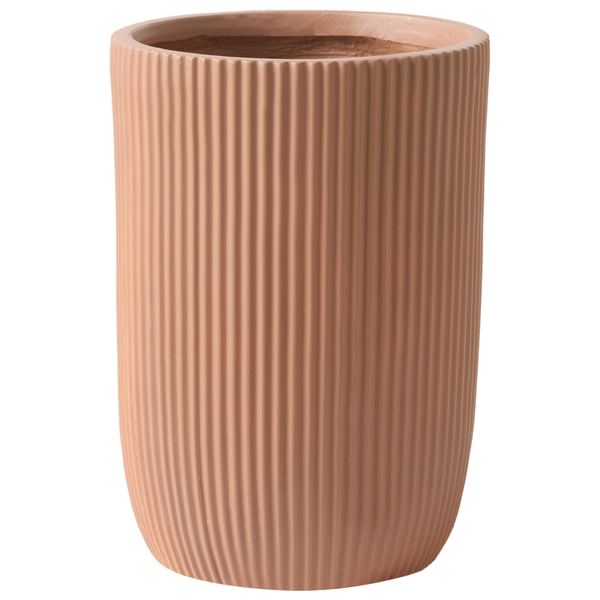 Hoher Pflanztopf aus Terrakotta mit vertikalem Rillenmuster.