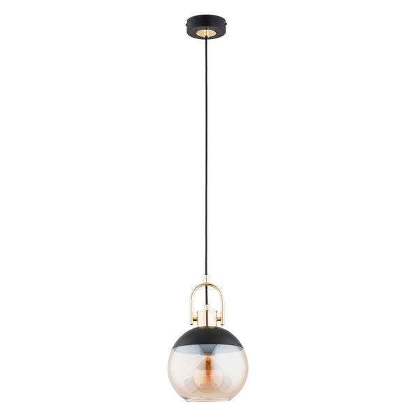 Moderne Pendelleuchte mit runder Glaskugel und metallischen Akzenten für eine stilvolle Raumbeleuchtung.