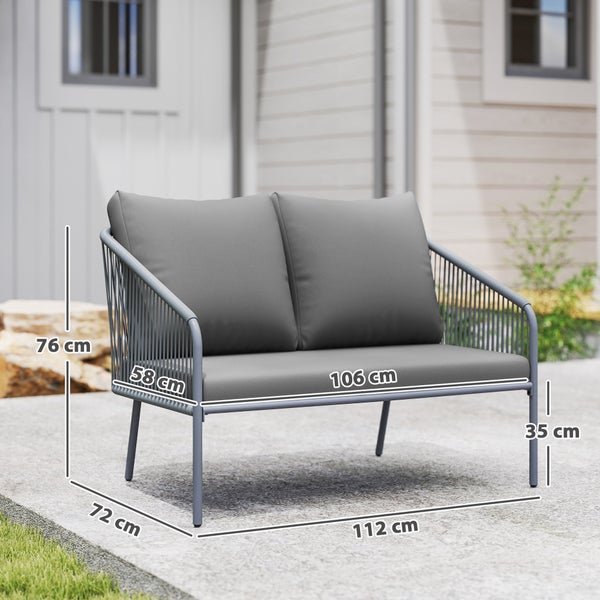 Gartensofa 2-Sitzer mit Seilgeflecht und Polstern, Maße: Breite 112 Zentimeter, Höhe 76 Zentimeter, Tiefe 72 Zentimeter.