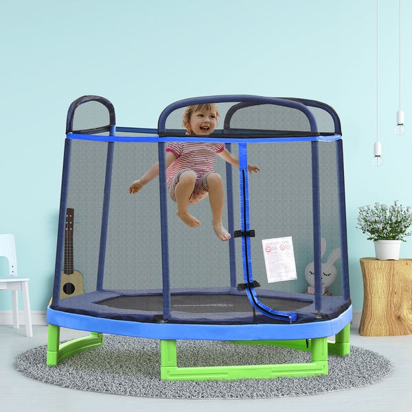 HOMCOM Kindertrampolin, Gartentrampolin mit Sicherheitsnetz, für 3-12 Jahre Kinder, bis 80 kg, 215 x 200 x 190 cm, Stahl, Blau+Grün