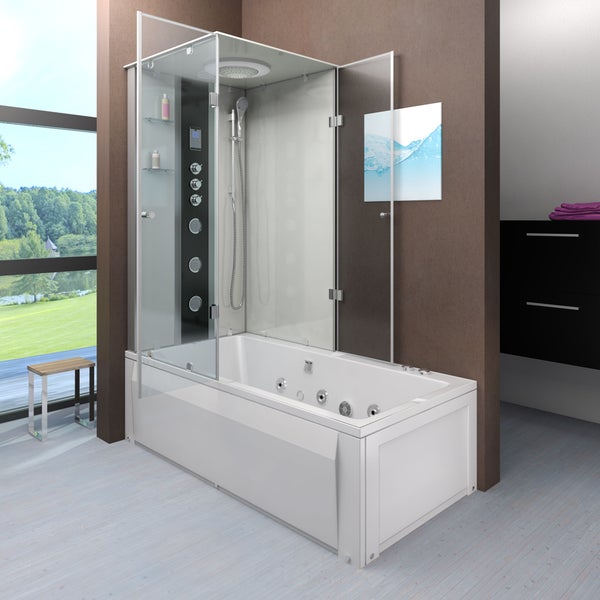 Whirlpool-Badewanne mit Duschkabine, Glaswänden, Regendusche und Massagedüsen in einem modernen Badezimmer.