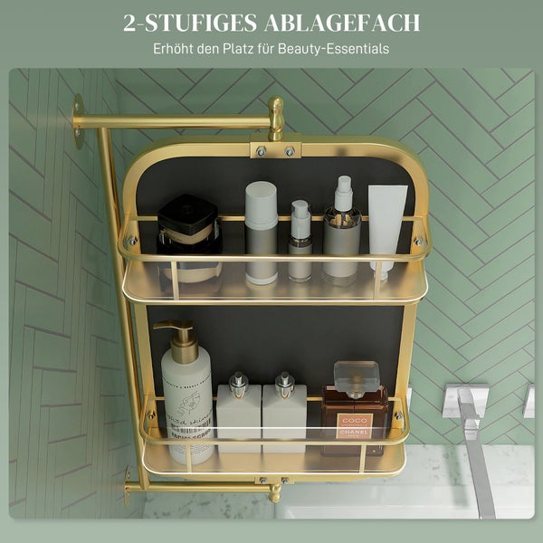 HOMCOM Badezimmerspiegel schwenkbar Wandspiegel, 40 x 66 cm Schminkspiegel mit 2-stufiger Ablagefläche, Metallrahmen, Gold