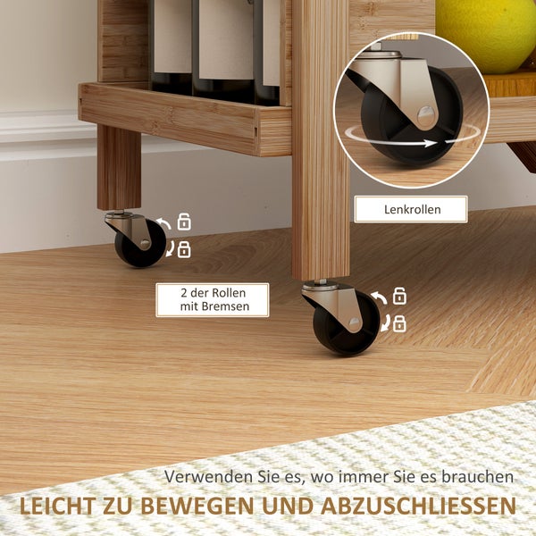 HOMCOM Küchenwagen Servierwagen mit Weinregal, Arbeitsplatte, 2 Ebenen, Rollwagen für Büro, Küche, Wohnzimmer, 66 x 40 x 70 cm, Bambus, Natur