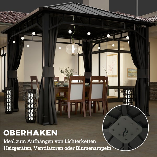 Pavillon mit Metalldach und Essgruppe, Detailbild zeigt integrierten Deckenhaken für Lichterketten oder Heizgeräte.