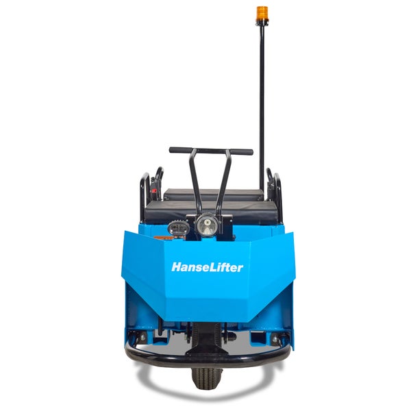 HanseLifter Elektro-Schlepper in Blau mit Sitz, Scheinwerfern, Rundumleuchte und Lenkstange.