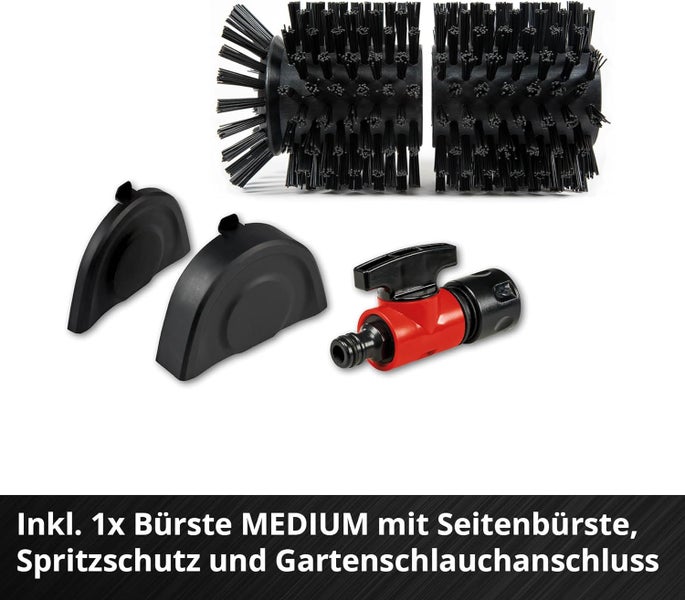 Zubehörset für Oberflächenreiniger mit Bürstenwalze, Seitenbürste, Spritzschutz und Gartenschlauchanschluss mit Regulierungsventil.