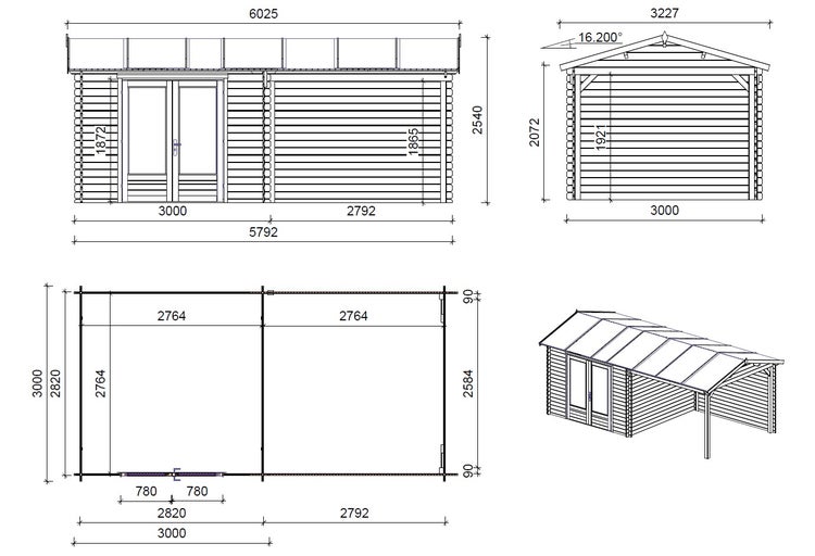 Gartenhaus, Gerätehaus 17,40m2 - 5,79x3m - 28mm
