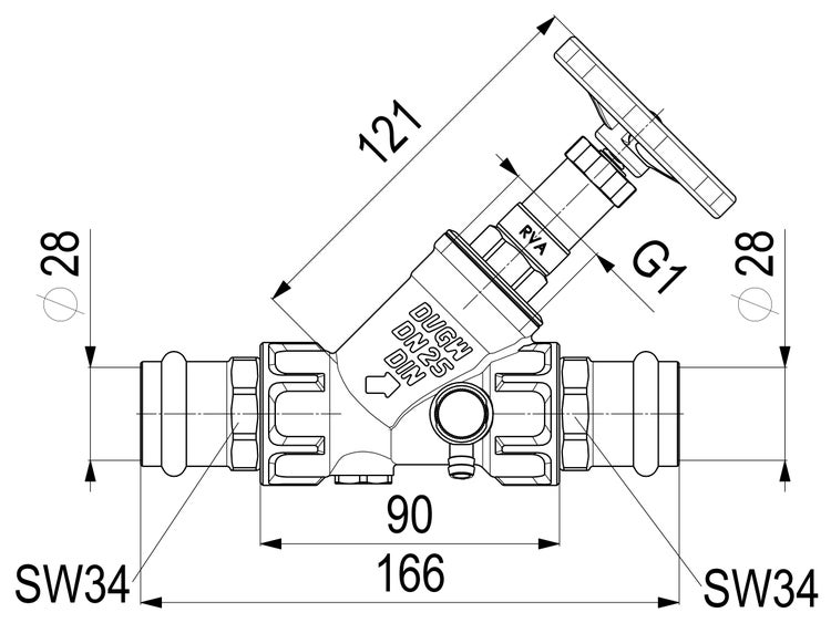 Technische Zeichnung eines Schrägsitzventils mit Bemaßung in Millimetern, Nennweite 25 und Anschlussgröße 1 Zoll.